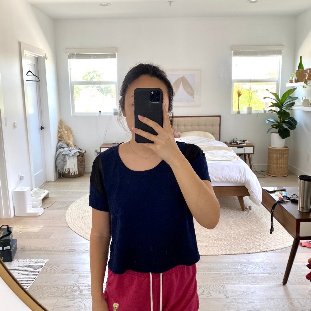 Navy blue tee with mesh shoulders